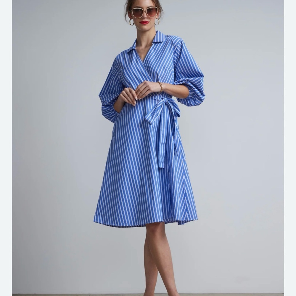 New York & Co blue stripe collar wrap dress